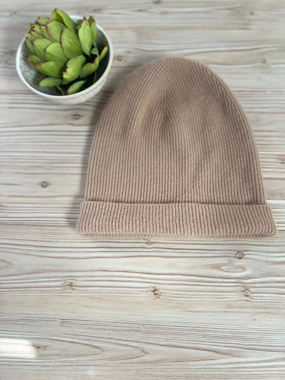 ALXILARY 100% Cashmere Beanie Taupe Ribbed Knit Cuffed Hat